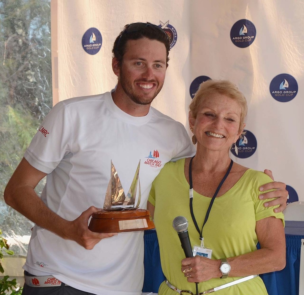 Taylor Canfield won the Match Racing Association’s 2nd annual Jordy Walker Trophy as the most improved young match race sailor who competes in Alpari World Match Racing Tour events or other events that automatically qualify a skipper for a Tour event. Mary Walker made the presentation at the 2012 Argo Group Gold Cup prizegiving at the Royal  Bermuda Yacht Club. © Talbot Wilson